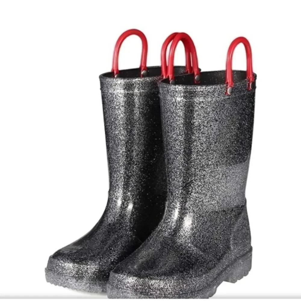 K KomForme Kids Light up Rain Boot Black Glitter Girls